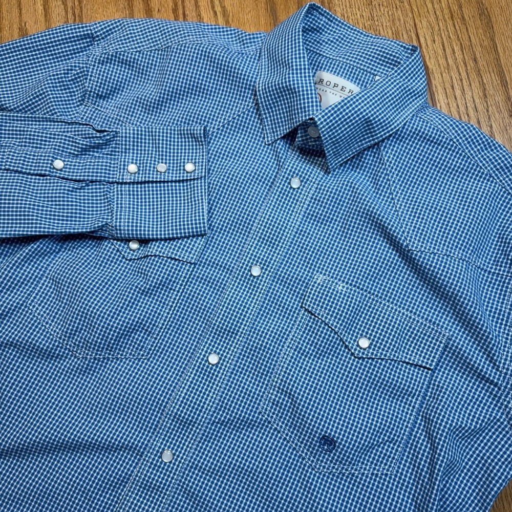 Roper Pearl Snap Western Shirt Mens M Blue Gingham Long Sleeve Rodeo Cowboy